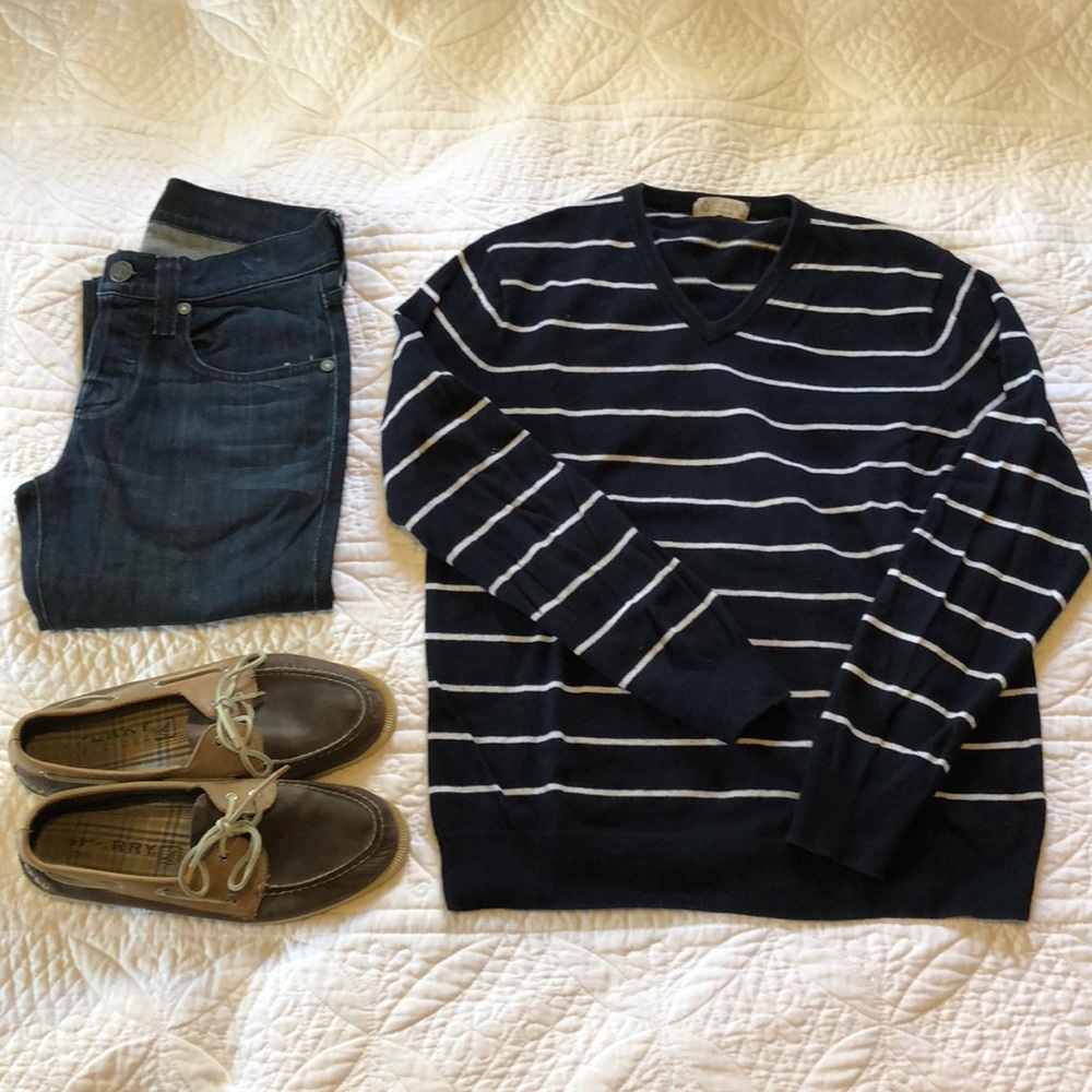 Navy/White Striped V-Neck Sweater